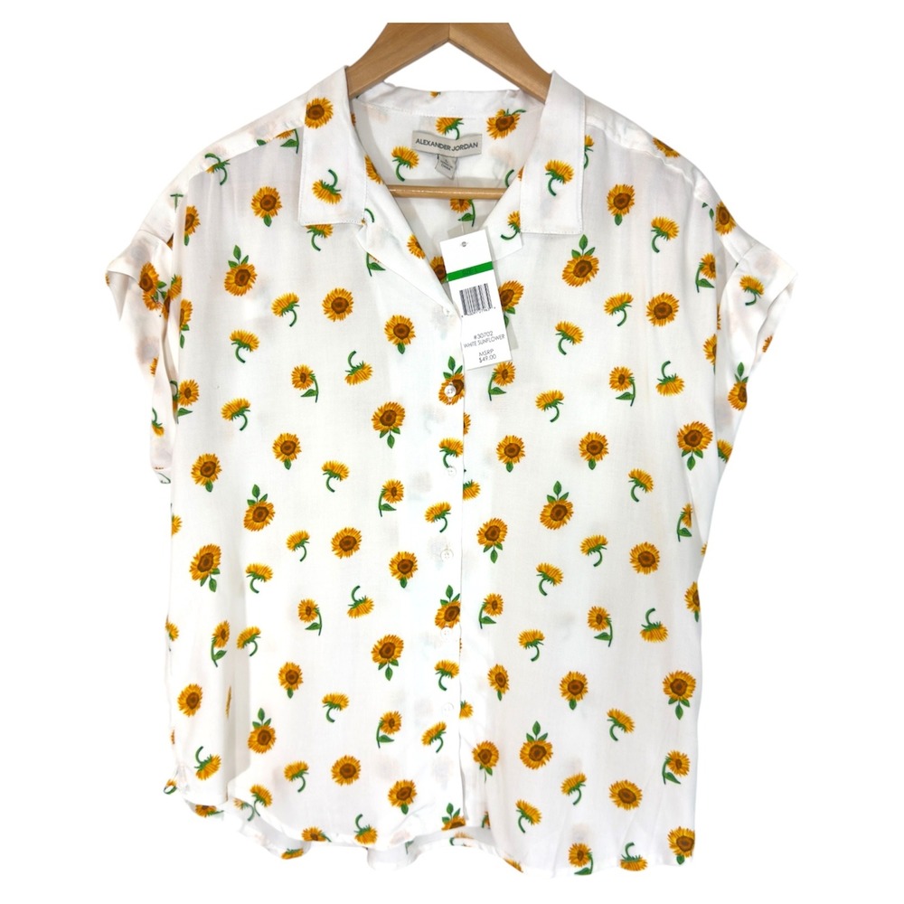 New Alexander Jordan Women's White Sunflower Short Sleeve Button Up Shirt Size L